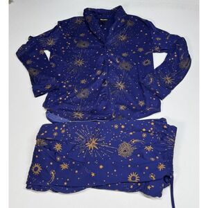 Celestial Pajama Set Women's M Blue Room Service Shawl Collar Lounge Star Moon